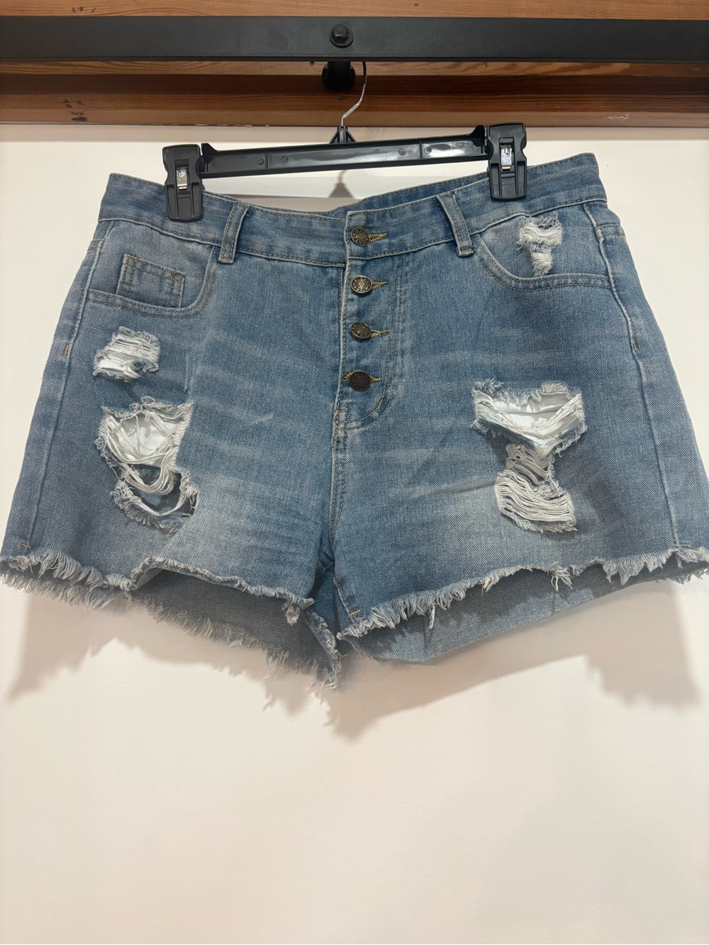 Distressed High-Rise Denim Shorts - Light Blue